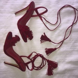 Red strap high heels suede sandals